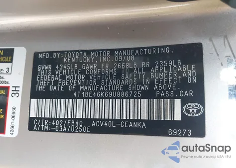 2009 Toyota Camry Le z USA, uszkodzony, nr VIN 4T1BE46K69U886725